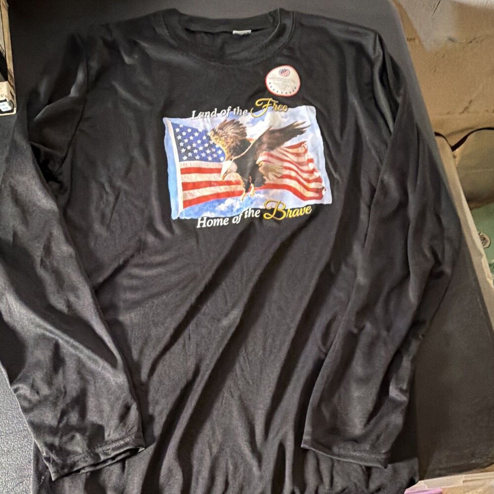 Black USA American Flag Eagle Graphic Crew Neck Men's L Long Sleeve Tee